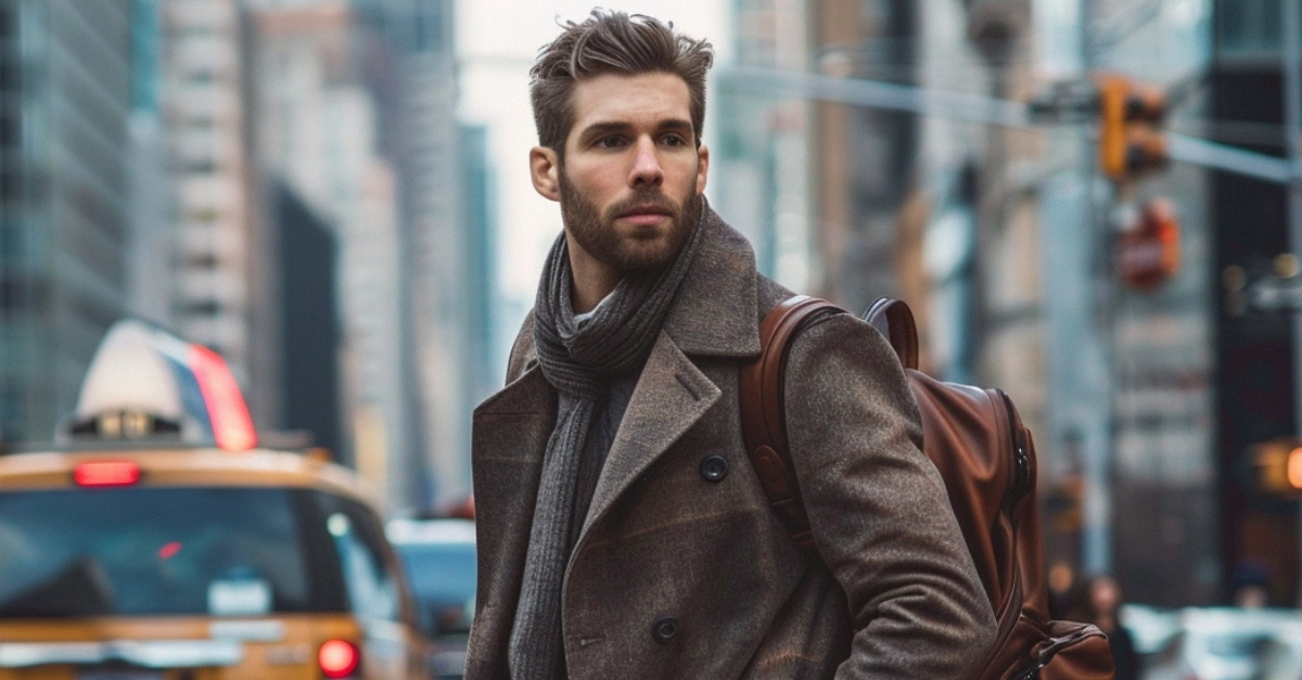 A confident man in a tailored navy suit stands in a bustling city street, embodying the attractiveness tips for men with his well-groomed appearance and strong posture