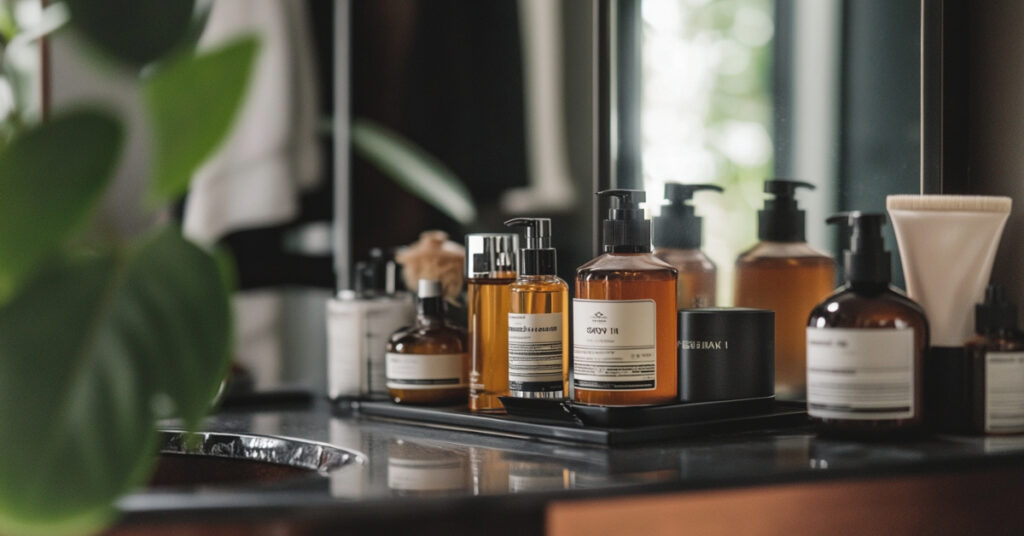 A collection of grooming products on a bathroom counter, reflecting the importance of personal care in attractiveness tips for men, with a man's reflection visible in the mirror