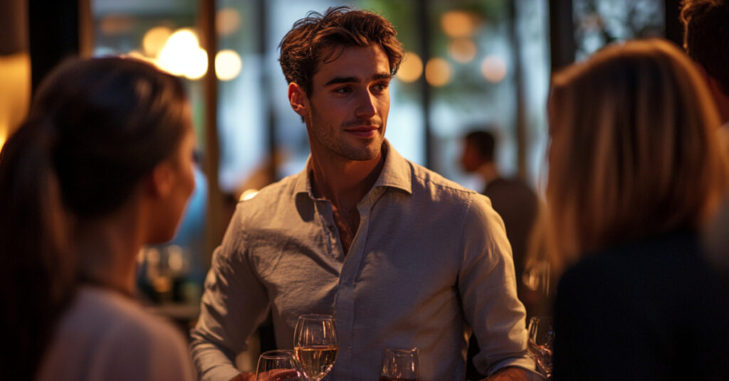 A man approaches a social gathering with open body language and a smart casual outfit, demonstrating the impact of attractiveness tips for men in a vibrant social setting