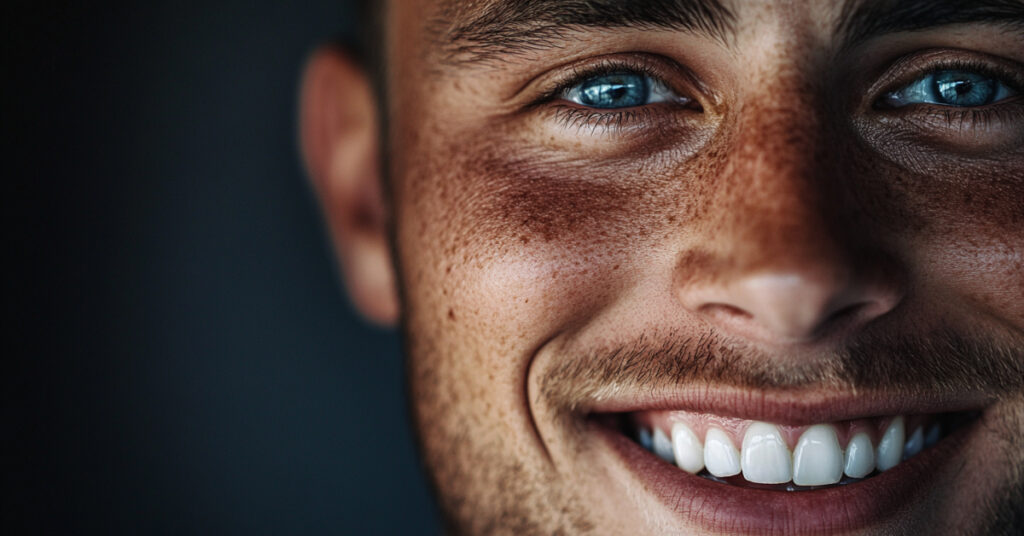 A close-up portrait of a smiling man with clear skin and bright eyes, showcasing the effectiveness of attractiveness tips for men through his engaging expression.