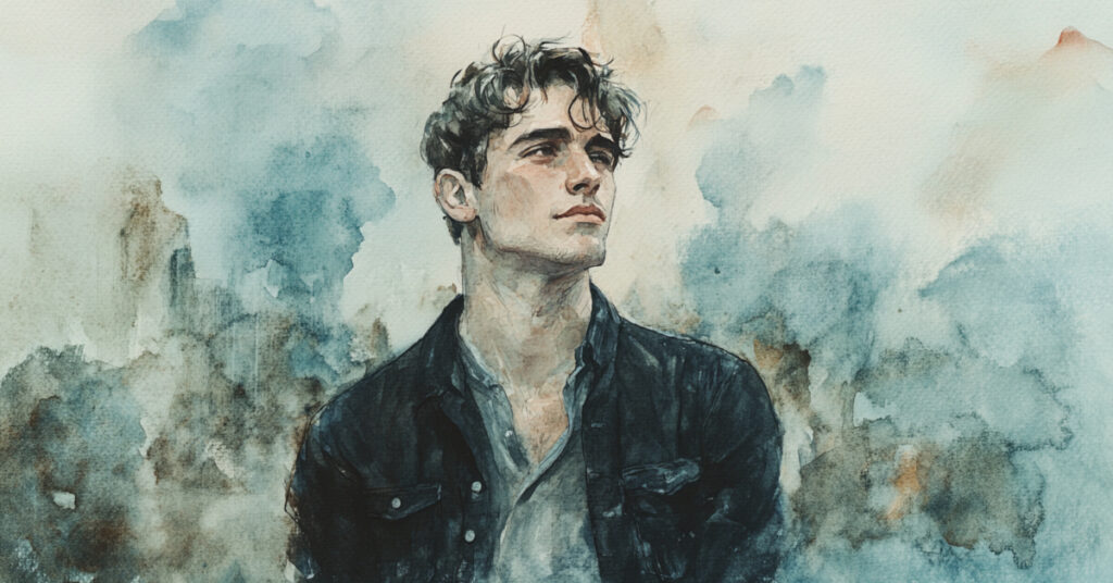 A watercolor portrait of a man in his mid-20s, showcasing sigma male traits with a thoughtful expression, standing alone in a serene landscape