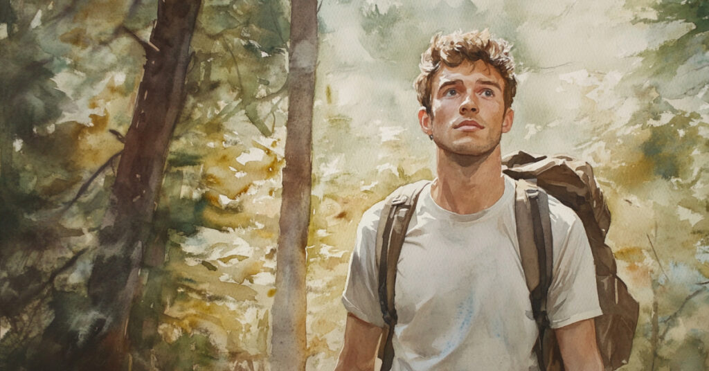 A watercolor portrait of a young man in his mid-20s, embodying sigma male traits of independence and self-sufficiency, walking alone in a quiet forest.