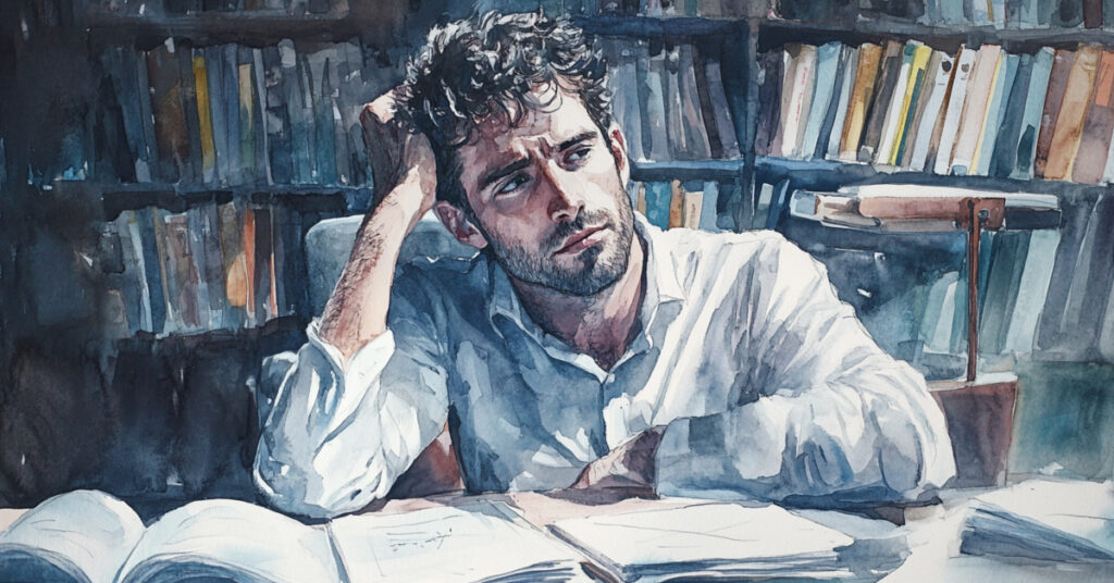 A watercolor portrait of a man in his mid-20s, sitting in a cozy library, illustrating the introverted nature of a Sigma Male.