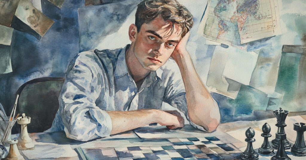 A watercolor portrait of a young man in his mid-20s, showcasing sigma male traits of strategic thinking, sitting at a desk with various tools and maps around him.