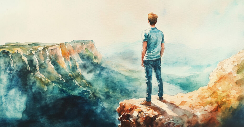 A watercolor portrait of a man in his mid-20s, standing at the edge of a cliff, symbolizing the non-conformity and freedom of sigma male traits.