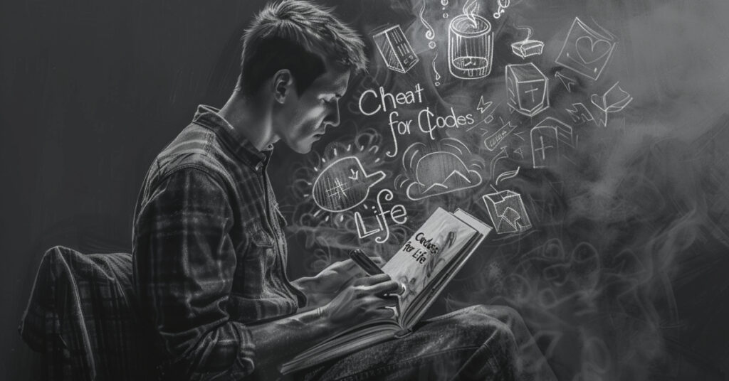 Hand-drawn sketch of a young man reading "Cheat Codes for Life" book, with success symbols floating around him.