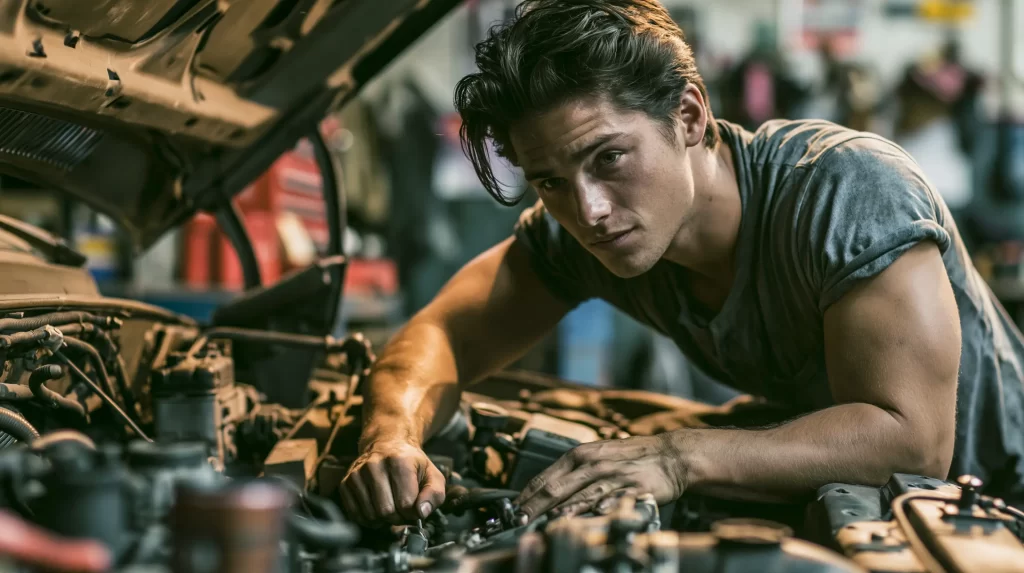 Man demonstrating practical blue-collar skills working on car maintenance