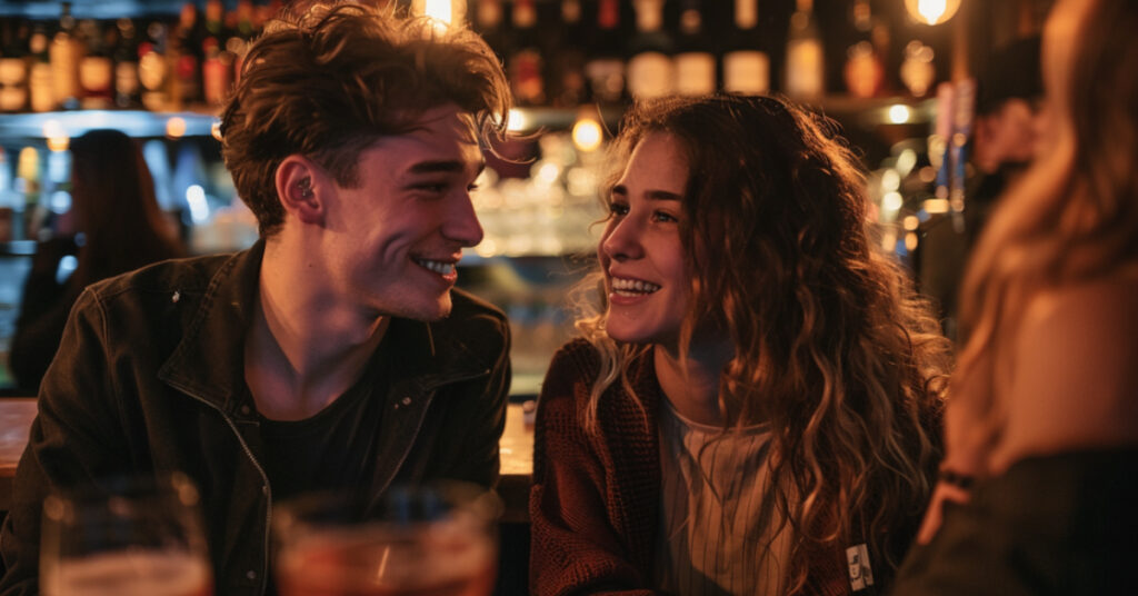 A happy couple making eye contact and smiling at each other in a New York City night bar.