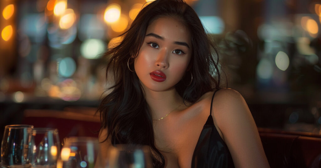Stunning young Asian woman with glossy lips and wavy black hair seated at a dinner table in a restaurant night club.