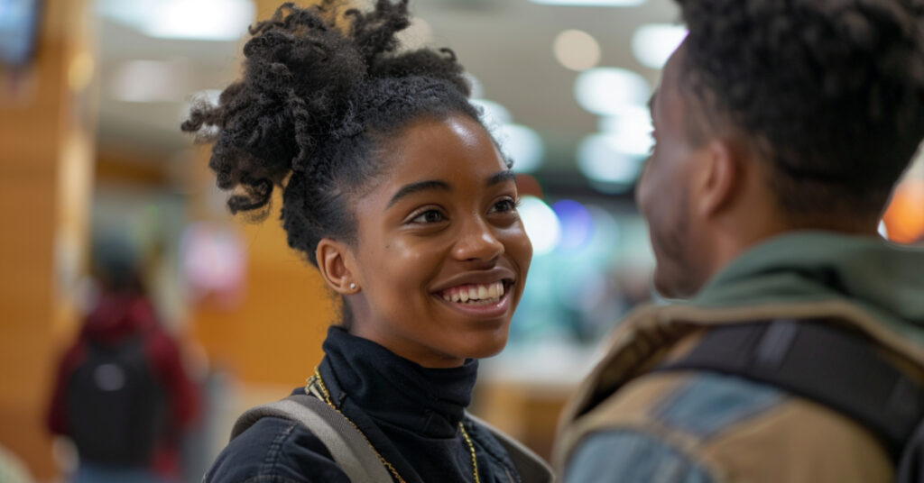A young black woman smiles at a man in an airport.