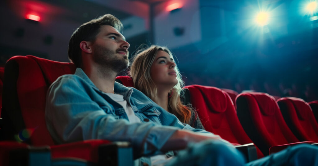 A couple captivated by a thrilling film at the cinema, completely engrossed in the on-screen action.