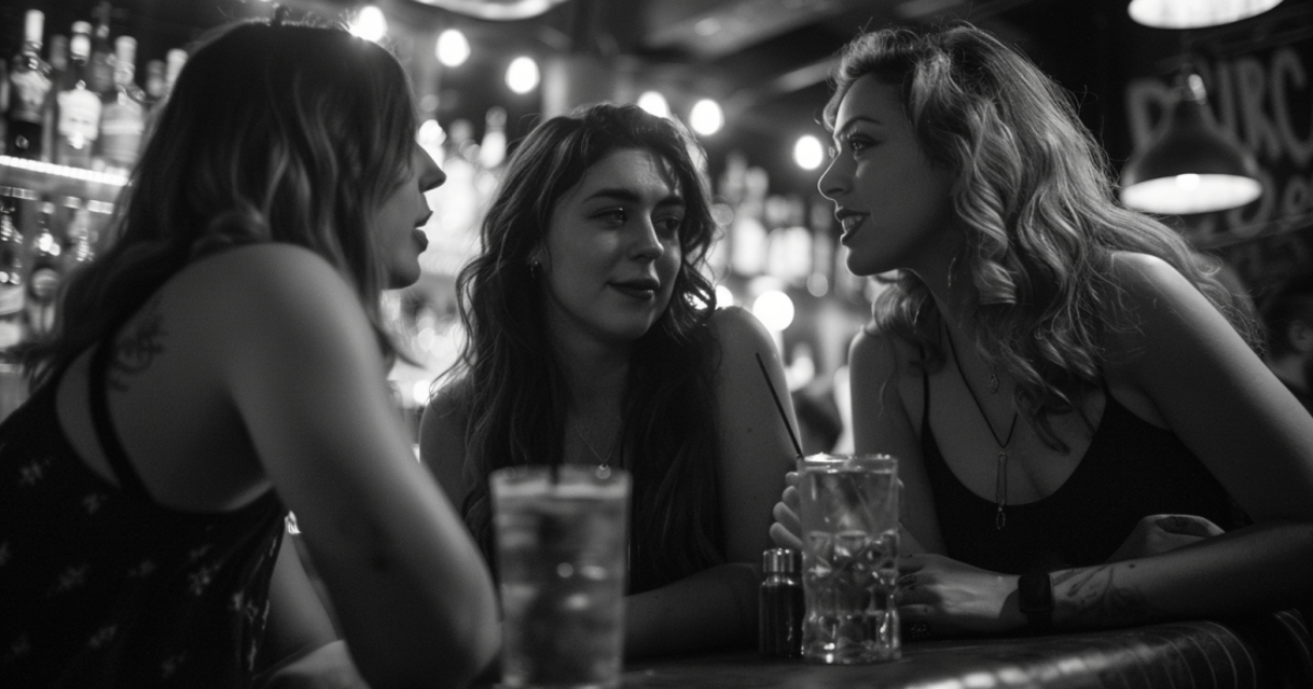 Three gals enjoying a late-night drink at the bar in NYC