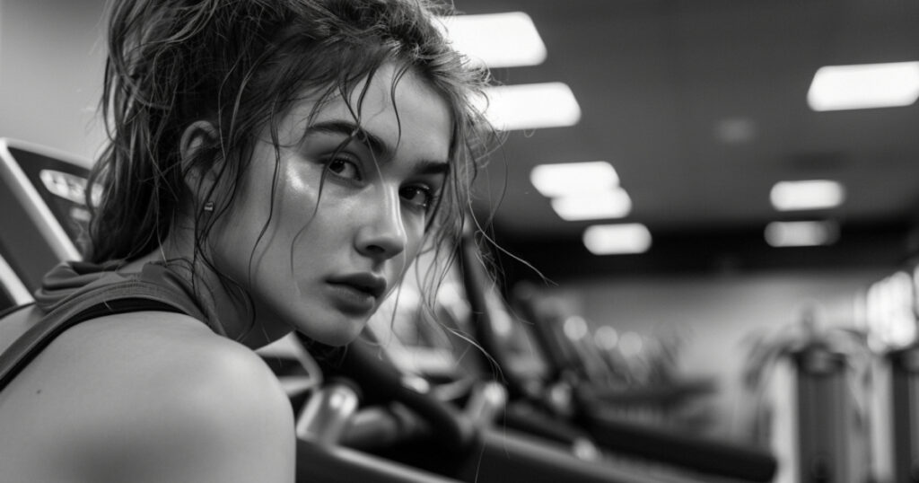 A stunning woman in her mid-20s on the treadmill at the gym.