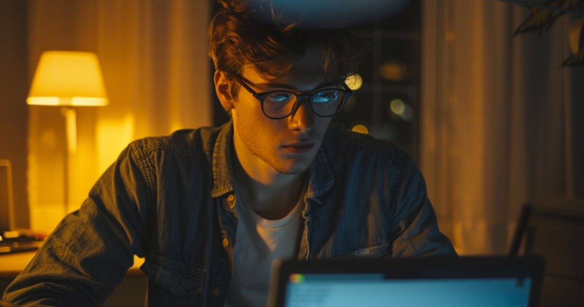 young man in his 20s, wearing glasses, can be seen as he sits in his clean and organized studio, diligently learning a new skill on his laptop.