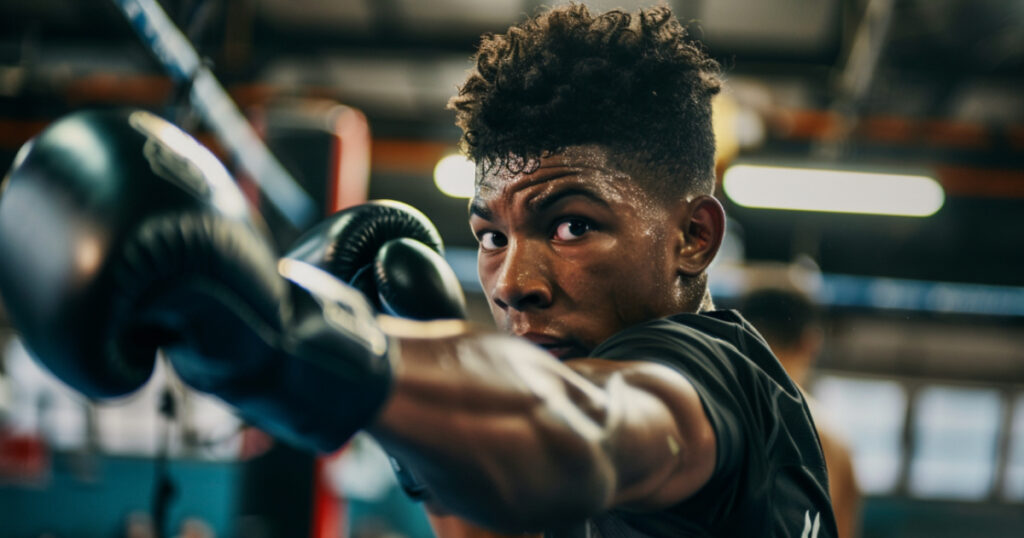  young man in his 20s, exuding confidence and determination, as he trains in the art of boxing under the guidance of his experienced trainer at a well-equipped boxing gym.