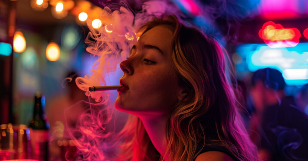 depicting a young woman in her late 20s smoking at a bar