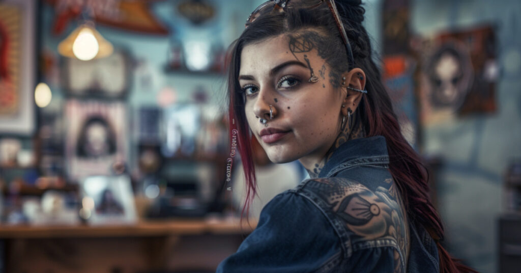 A young city woman in her late 20s with numerous piercings and tattoos on her body at a tattoo shop.