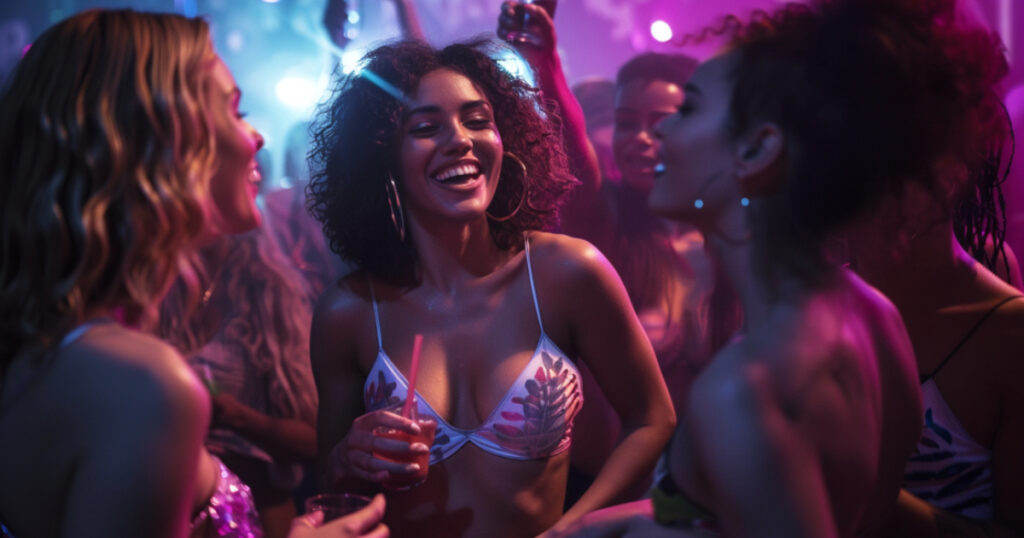  a group of women imbibing and twirling at a nightclub.