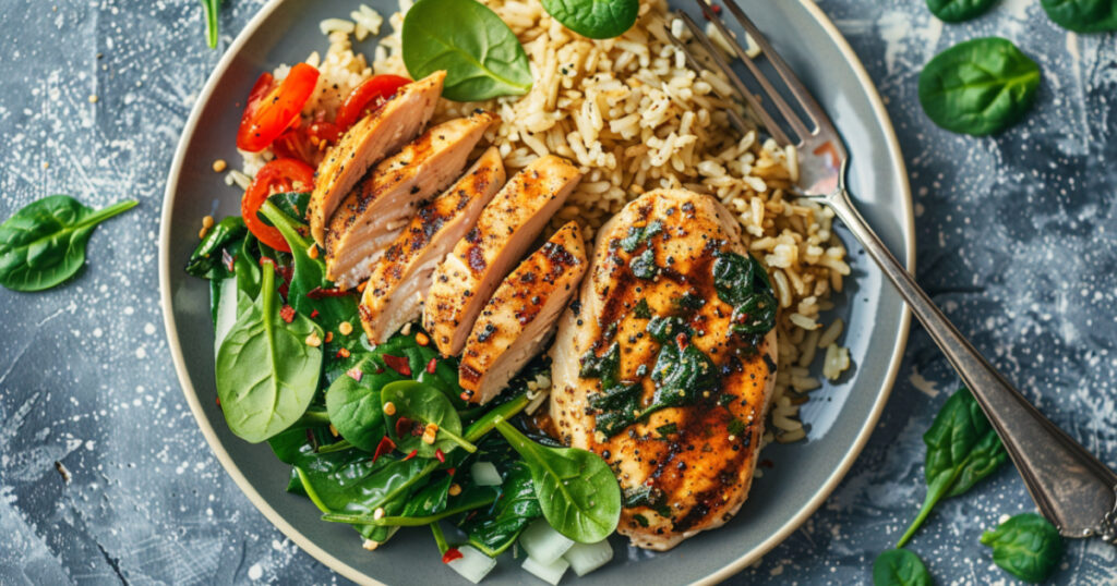  a plate filled with chicken breast, spinach, and brown rice. Best meal for men to lose belly fat