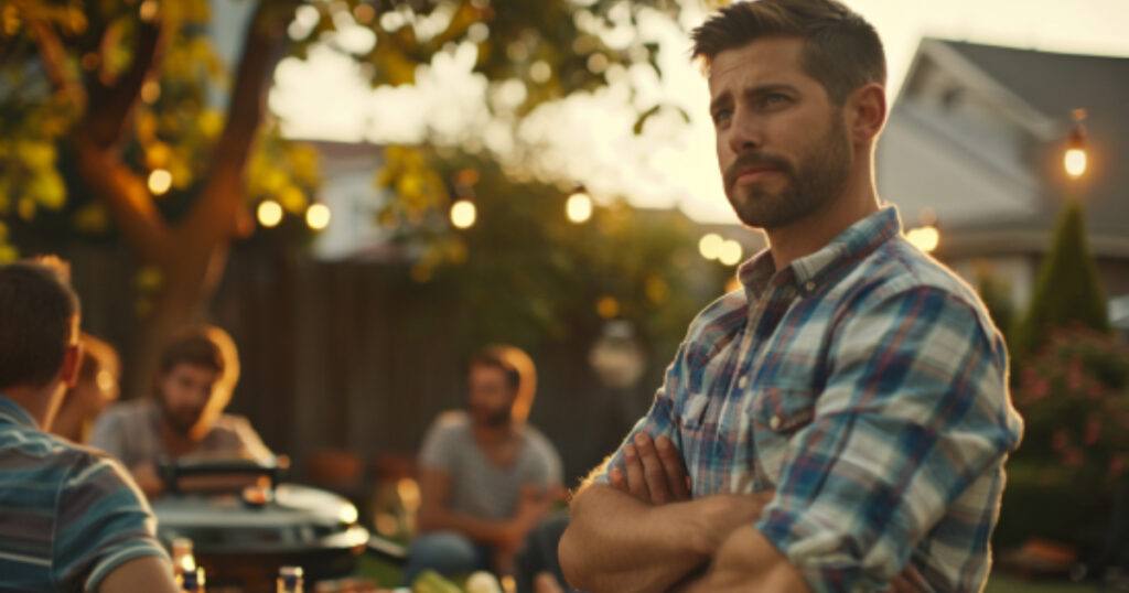 a mid-twenties youthful, aggressive guy giving his male buddy group commands. At an outdoor barbecue gathering, everybody dressed casually. 