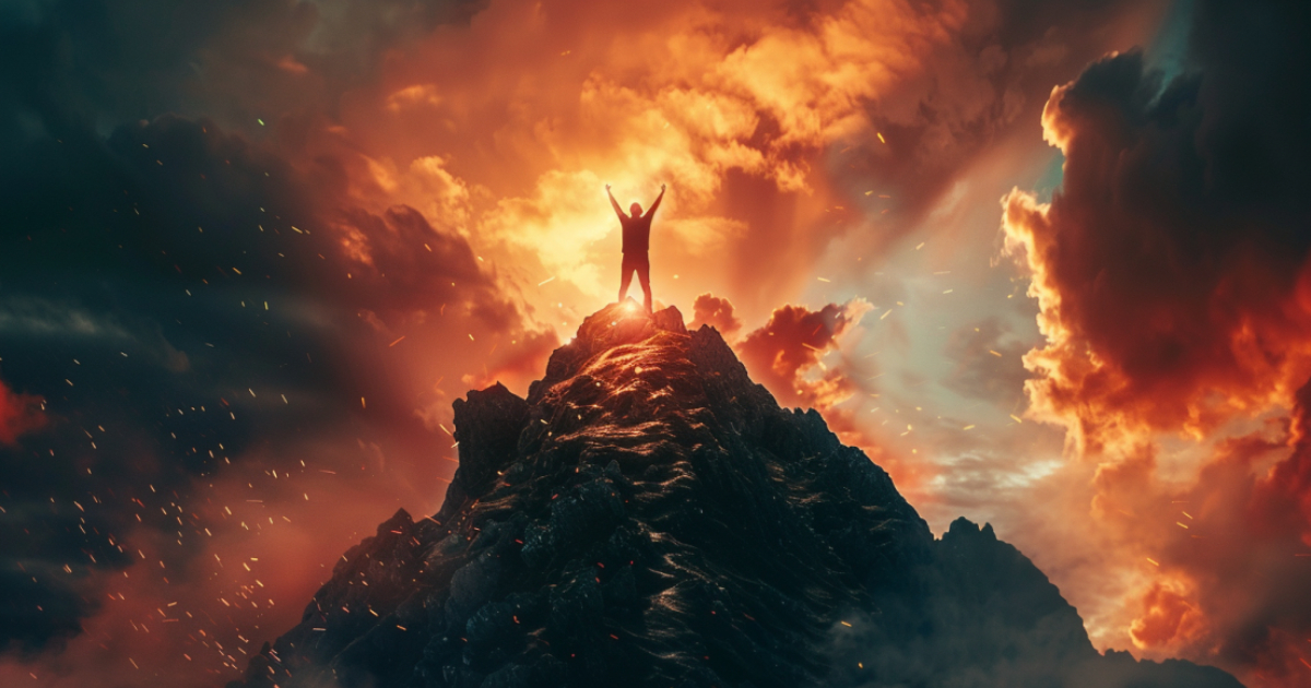 A person standing on top of a mountain, arms raised in victory, with a determined expression and a fiery aura surrounding them, symbolizing a winning mindset and the conquering of challenges.