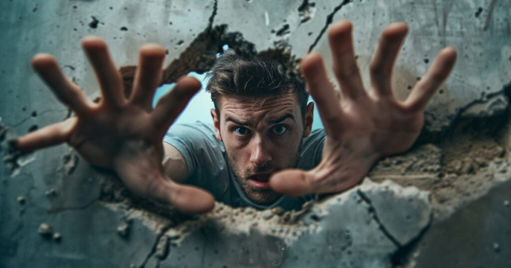 A person breaking through a concrete wall with their bare hands, depicting the concept of facing challenges head-on and overcoming obstacles with a relentless and unstoppable mindset.