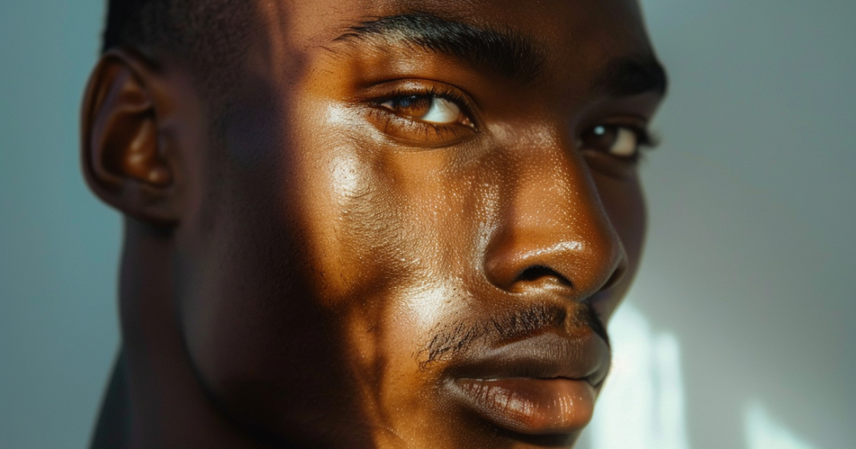 A highly detailed close-up portrait of a black man with an incredibly smooth, poreless, and radiant glass skin complexion under soft lighting.