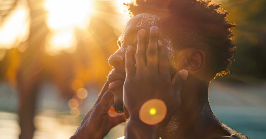 A black man carefully applying sunscreen to his face, with sun rays hitting his skin and creating a luminous, glass-like glow in an outdoor setting.
