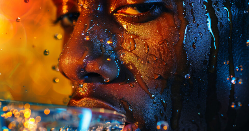 A refreshing image of a black man drinking a glass of water, with water droplets splashing onto his face in a way that makes his skin look wet and glassy with vibrant colors.