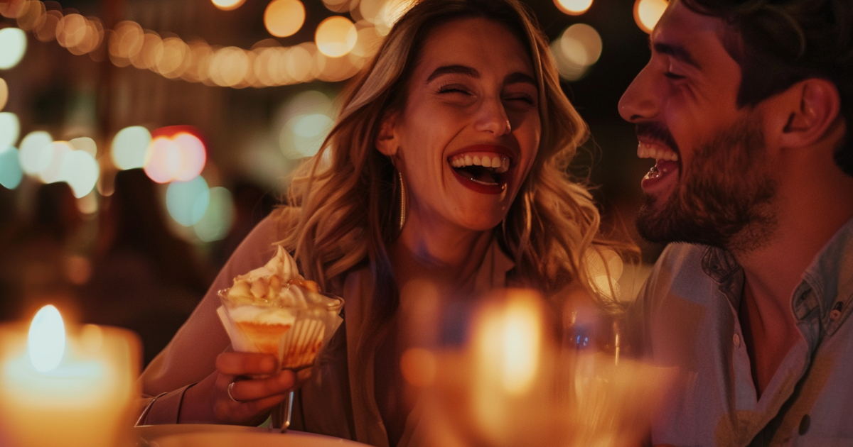 A romantic, candlelit dinner scene with a couple laughing and flirting over a shared dessert, capturing the fun, lighthearted vibe of a successful flirty date invitation.