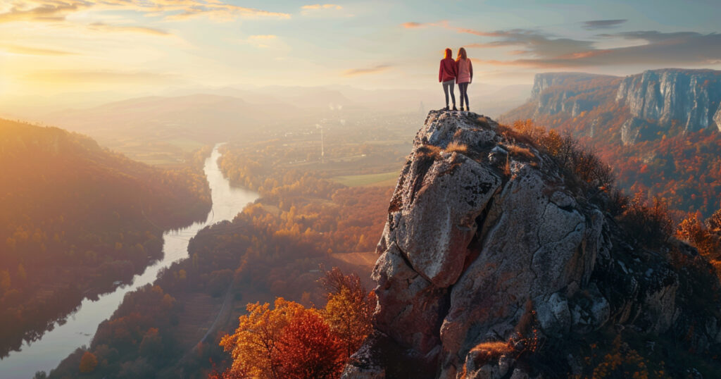 Vibrant stylized image of adventurous couple on exciting date like hiking