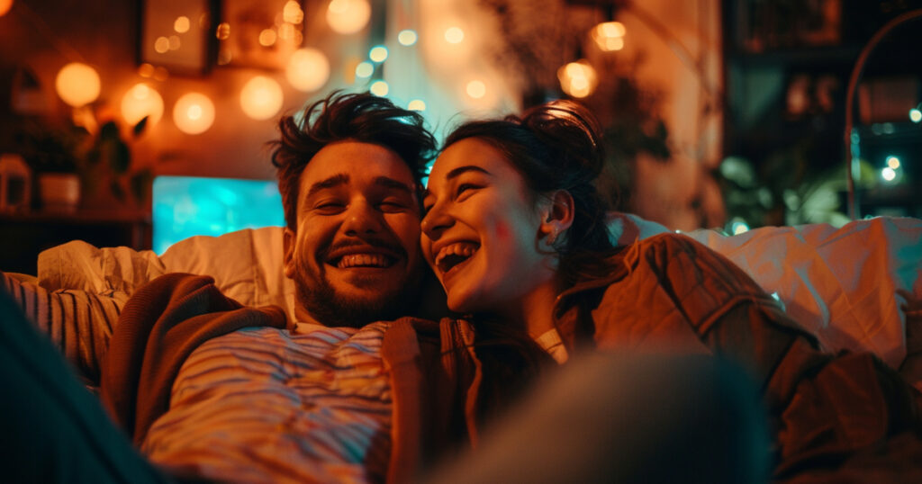 Cozy couple cuddled watching rom-com movie after successful flirty date