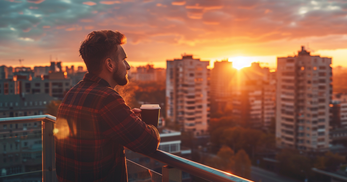 Man standing on balcony overlooking city skyline at sunrise with coffee cup