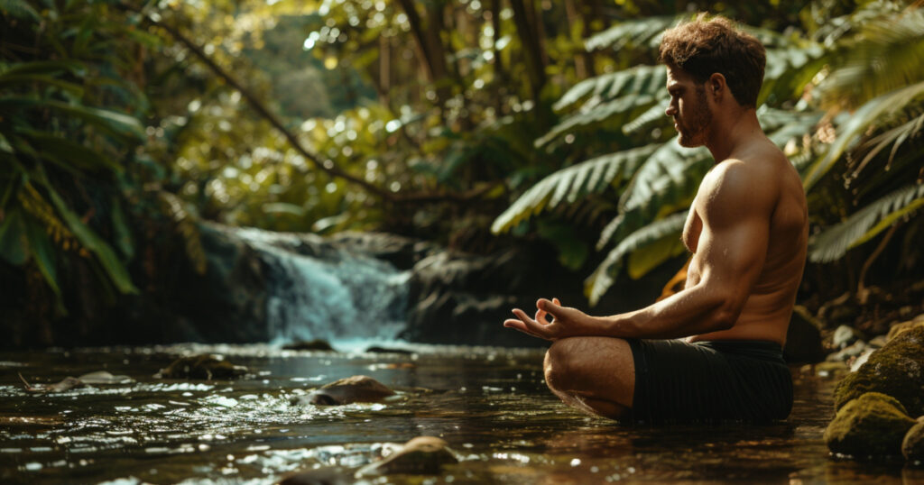 Man performing yoga pose in serene outdoor setting with greenery and stream