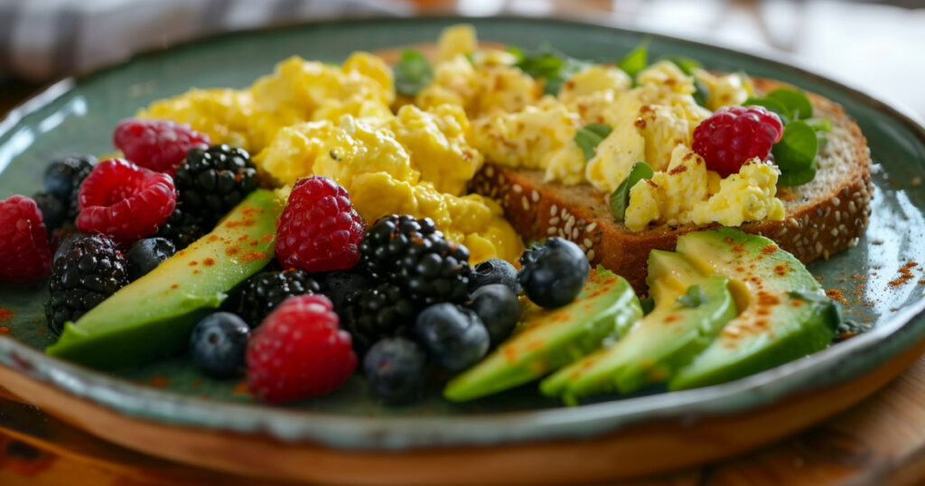 Beautifully plated breakfast with avocado toast, scrambled eggs, and fresh berries