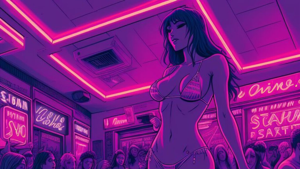 A detailed illustration of a stripper dancing on a dimly lit stage in a strip club, surrounded by neon lights and scattered dollar bills as patrons watch intently." Alt text: "Illustration of a stripper performing on stage at a strip club