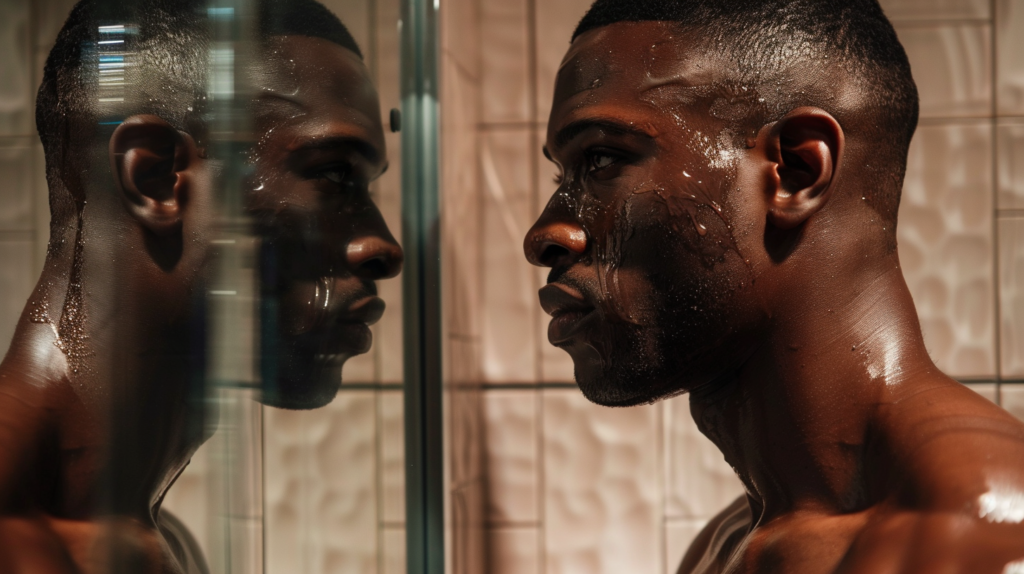 An empowering scene of a confident black man admiring his perfectly clear, smooth, and radiant glass skin while standing in front of a mirror with minimal background and soft lighting.