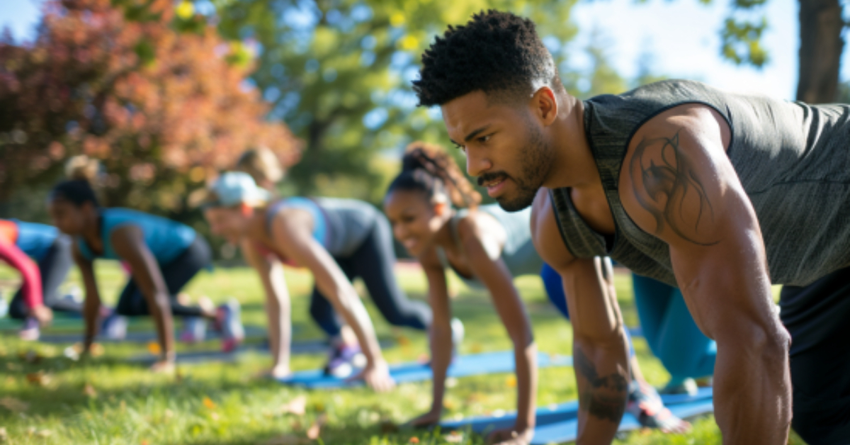 An energetic outdoor boot camp session led by a personal trainer for their side hustles for fitness lovers client group, with participants performing various exercises in a park setting