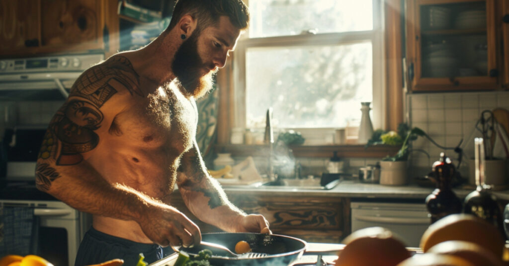 Shirtless man cooking nutrient-rich eggs and veggies to boost testosterone naturally. Captured by Sony and Nikon cameras.