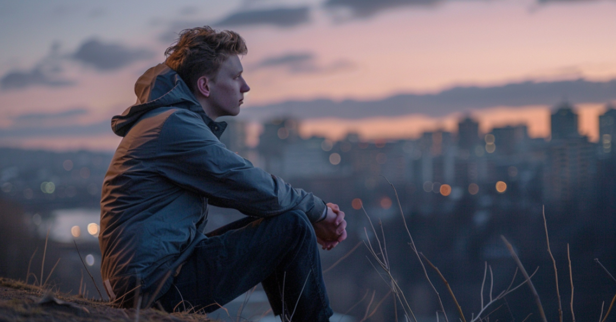 A young man in his early 20s sits on a hill, lost in thought, reflecting on his life goals. His contemplative expression, clasped hands, and serene surroundings convey introspection. A distant cityscape represents opportunities ahead.