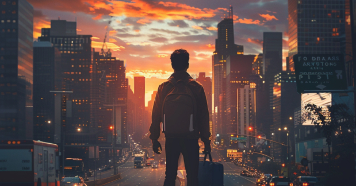 A dynamic and inspiring image of a confident man standing at a crossroads in a bustling city, holding a briefcase in one hand and a gym bag in the other, symbolizing the balance of professional success and personal fitness. The city skyline and a sunset in the background add a touch of aspiration and hope, captured with a high-quality Canon camera, representing the journey of rich, fit, and wise men.