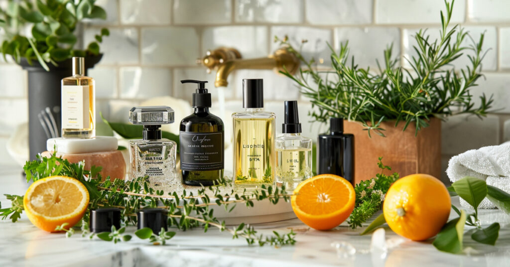 Stylish bathroom vanity showcasing natural men's summer colognes alongside fresh herbs and citrus, captured by a Fujifilm X-T4 camera.