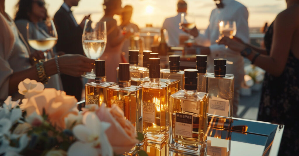 Elegant rooftop party at sunset featuring best men's summer colognes on display, photographed with a Nikon Z series camera.