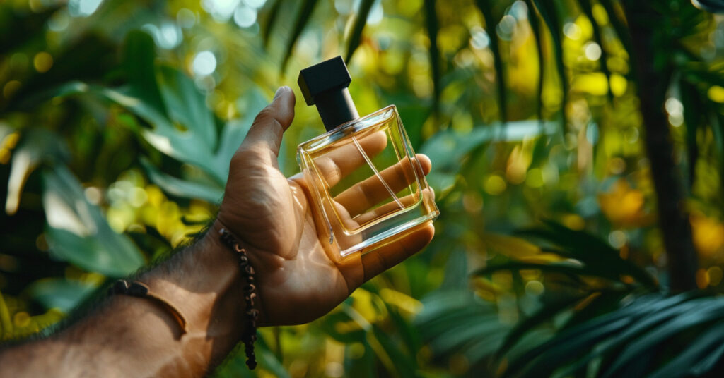 Close-up of a man's wrist holding a best summer cologne bottle against a blurred tropical background, shot with a Canon EOS R camera.