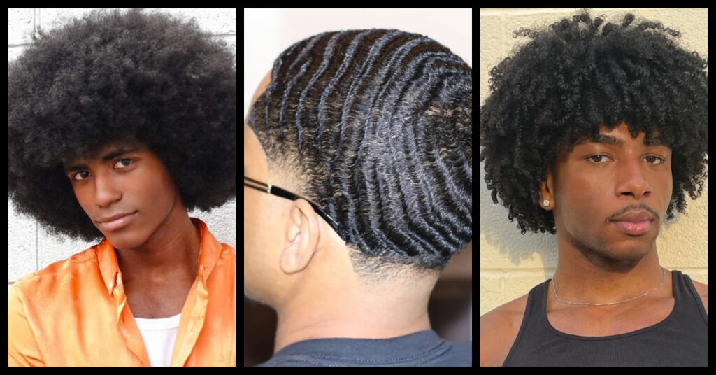  Collage of three black men's hairstyles - a large afro, 360 waves, and a medium-length curly afro.