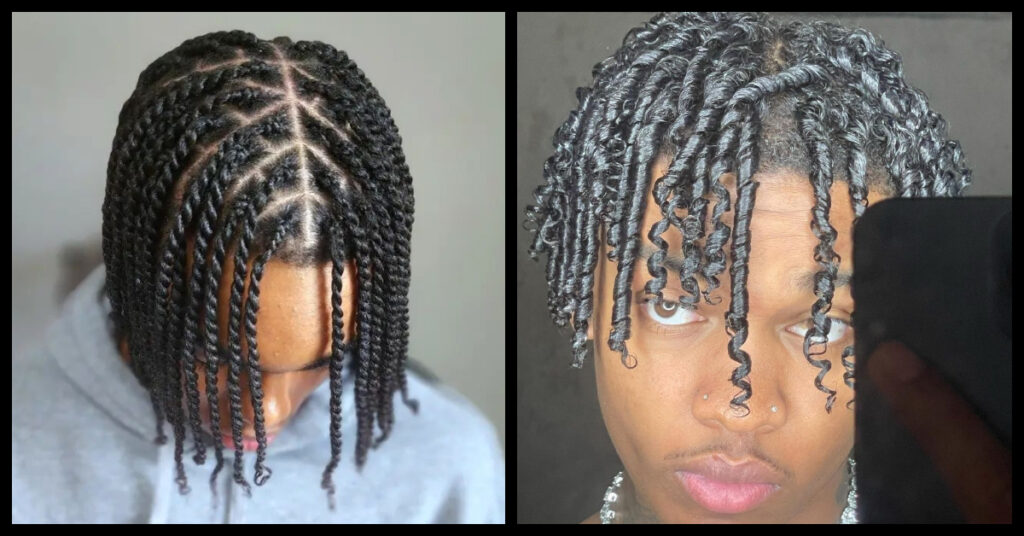  Side-by-side comparison of two black men's hairstyles - finger coils and twisted locs.