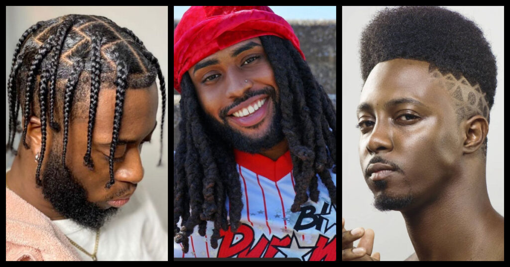 Collage of three black men's hairstyles - Boxbraids, long dreadlocks, and a high-top fade with shaved side design.