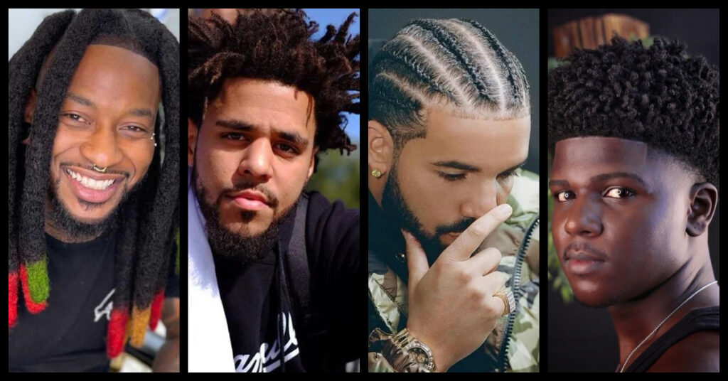 Collage of four black men's hairstyles - long dreadlocks, short twisted locs, cornrows, and a short textured afro.