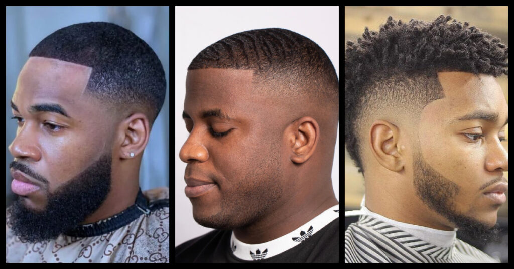  Black men's hairstyle maintenance tier list showcasing three styles: a low fade with beard, a clean buzz cut, and a textured crop with fade.