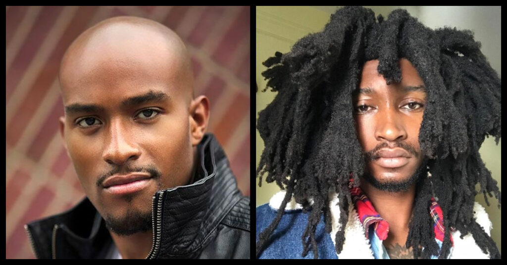 Contrasting styles from the black men's hairstyle maintenance tier list: a clean-shaven bald look and freeform dreadlocks, representing low and high maintenance options.